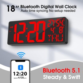 Xflyee [2024 New] 18" Digital Wall Clock Large Display/Bluetooth Sync Time, Large Wall Clock with Remote Control, Auto DST, Alarm, Temperature and Date - Easy to Read and Set Timer