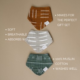Mebie Baby Muslin Cotton Bib, Prints 3 pack, Lightweight Baby Bib Set for Burp, Spit Up, Drool, Stylish Bandana Bibs Baby Accessories, Use All Day, For Boy or Girl, Great for Gift Registry for Baby