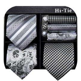 Hi-Tie 3 Pcs Gift Box Mens Tie Set Necktie with Pocket Square Cufflinks Lapel Pin Silk Neck Tie Collection,Gray