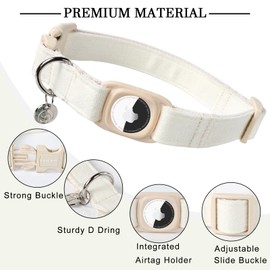 DOGWONG Airtag Cotton Hemp Dog Collar, Heavy-Duty Dog Collar with Airtag Holder White Natural Fabric Pet Cute Puppy Necklace for Small Medium Large Dogs