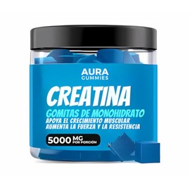 Aura Gomitas Creatina Monohidratada Veganas 120 Piezas Hombres y Mujeres Porción 5gr Sabor Blueberry Sin Azúcar Sin Calorías Más Energía Rápida Recupe