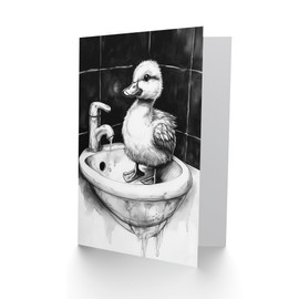 Artery8 Greeting Card Cute Duckling Sink Bath Time Black White Drawing Blank For Him Or Her Art Birthday Card