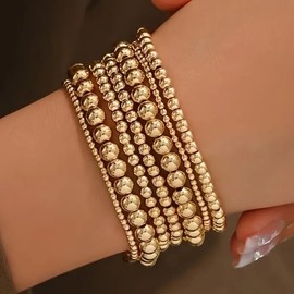 Kysin Chiys Gold Beaded Bracelets Adjusatable 14K Gold Plated Stackable Bracelets Stretch Bead Ball Bracelet Set for Women 3MM 4MM 6MM 8MM Beads Jewelry - 7 Pcs