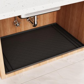 Vwanvny Silicone Waterproof Cabinet Mat 34"x22"-Cut-to-Fit Under Sink Protector with Anti-Curl Edges&Drain Holes for Kitchen/RV,Renter-Friendly Cabinet Saver,Pet Feeding Mat&Organizer Tray -Black