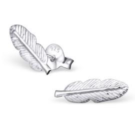 Bungsa Feather Stud Earrings .925 Sterling Silver (Earrings Real Jewellery Studs Earrings Women Men), Silver, No Gemstone