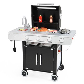 EDUBEBO Realistic Kids Wooden BBQ Grill Playset - Toddler Play Grill Station for Indoor & Outdoor, Pretend Play Toy Grill for Kids Ages 3-8, Wooden Kitchen Cooking Toy with Toy Food & Grilling Tools