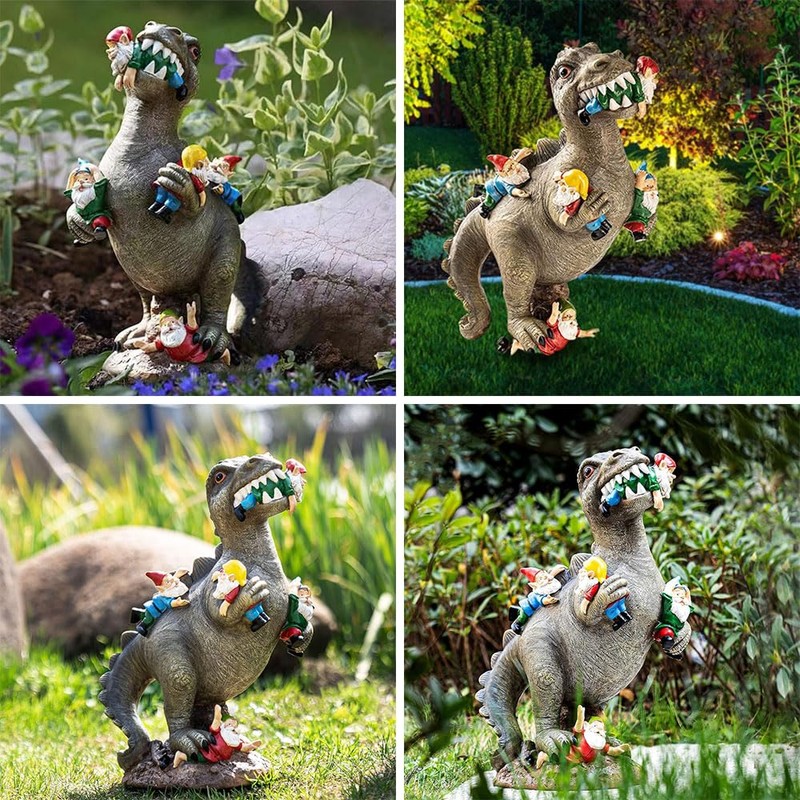 Funny Dinosaur Eating Gnomes Garden Statue – Outdoor Yard Gnome