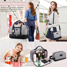 Wogarl 4PCS Weekender Bags for Women Large Overnight Bag Weekend Travel Duffel Bag Carry on Shoulder with Shoe Compartment Canvas Toiletry Bag for Travel Business Gym(Grey-LG)