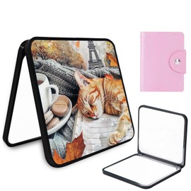FXIANGWL Small Makeup Folding Mirror Travel Portable Folding Rectangle Compact Makeup Mirror for Women Home Office Travel Double Sided Pattern Design with Pink Card Bag, Sleeping Cat
