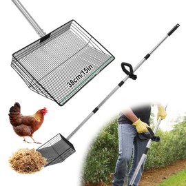15-inch Chicken Poop Scooper with Ergonomic Grip, Adjustable 24"-63" Handle, 4-in-1 Multifunctional Litter Scoop for Chicken Coop, Goat Stall, Stable, and Pet Waste Cleanup
