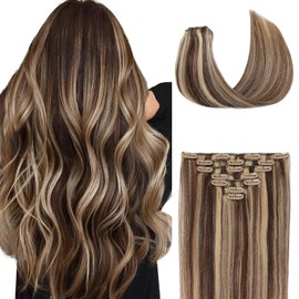 Befana Clip in Hair Extensions Real Human Hair,100% Human Hair,7 Pcs 90g 20 Inch #P4/27 Brown to Caramel Blonde Natural soft Straight Double Weft Clip ins for Women