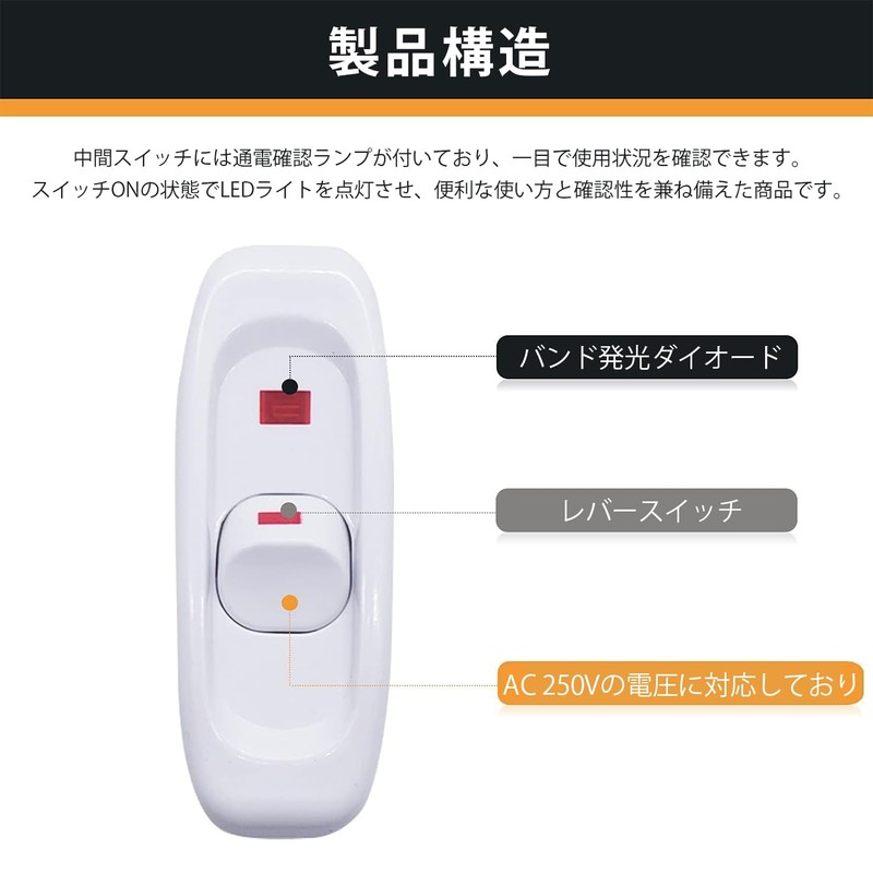 億兆堂 中間スイッチ ON/OFF シーソー式 ランプスイッチ LED指示ライトパクト インライン 配線部材 照明器具 換気扇