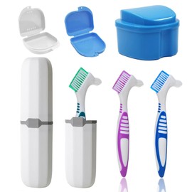 UBLNNFY 7PCS Denture Bath Case Cup Kit Denture Brush Kit Denture Cleaning Kit with 3 Denture Brush, 2 Retainer Cases and Denture Bath Case with Carry Case, White