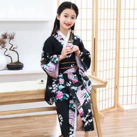 KRUIHAN Kimono Dress for Girls, Traditional Clothing, Silk Fabric, Robe, Wedding Clothing, Party, Performance Dress, Cosplay Costume Set with Foldable Compartments and Tabi Socks, 130, Black