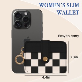 WRIGAEL Slim Wallet for Women Ladies Teen Girls Female Credit Card Holder Cute Aesthetic Unique Modern RFID Checkered Cardholder Keychain, Black Black White