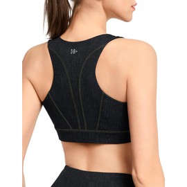 Yvette Denim Look Sports Bra Women's Strong Hold with Front Closure Large Sizes for Fitness, black, XXL large sizes