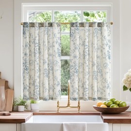 jinchan Linen Floral Tier Curtains 36 Inch Farmhouse Botanic Cafe Curtains Light Filtering Drapes for Small Windows Back Tab Half Window for Kitchen Living Room Bathroom 2 Panels Blue