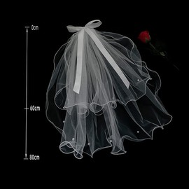 Double Bow Pearl Veil，Two Tier Wedding Veil Bridal Tulle Veils with Hairpin and White Satin Ribbon Edge Beading, 31.5inch Long, White