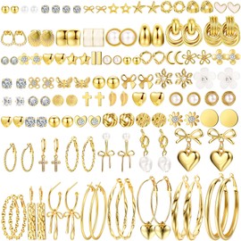 75 Pairs Gold Stud Earrings Set for Women, Trendy Hypoallergenic Pearl Cubic Zirconia Multiple Piercings Earrings Packs, Stud Hoops Earrings for Gift Jewelry
