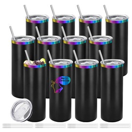 YOUKE OLA 12 Pack Rainbow Plated Stainless Steel Tumbler Straight Double Wall Powder Coated for Laser Engrave, 20oz Black To Iridescent