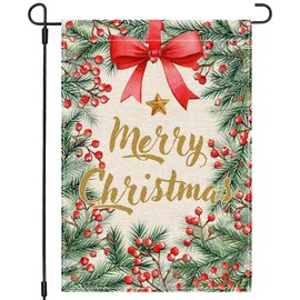Merry Christmas Garden Flag 12x18 Inch Double Sided, Christmas Red Holly Berry Xmas Winter Holiday Yard Burlap Outdoor Decorative Flag for Christmas Decorations