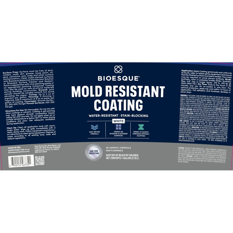 Bioesque Mold Resistant Coating, Water-Resistant, Stain-Blocking, Fast-Drying Formula, White, 1