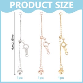 WEBEEDY 3 Colors 925 Sterling Silver Necklace Extenders with Heart Pendant Adjustable 18K Gold Plated Chain Extender Necklace Bracelet Extender for Women Jewelry Making, Gold/Silver/Rose Gold, 6cm