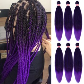 AFNOTE Pre Stretched Braiding Hair Extensions for Braids 20 Inch 6 Packs Ombre Purple Braiding Hair Pre Stretched Synthetic Soft Prestretched Braid Hair Extension Hot Water Setting-Black/Purple