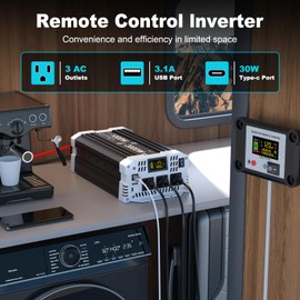 1000 watt Pure sine Wave Inverter, 12V DC to 110V AC Power Inverter, Used for Solar Emergency Power Supply in RV Homes, with 3 AC Output sockets, USB Port, Type-C Port, Remote Control with LCD Screen