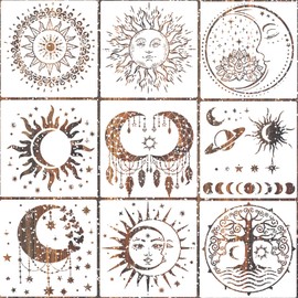 9 Pieces Large Mandala Sun and Moon Stencil Butterfly Flower Tree Paint Stencils for Crafts Reusable Templates Star Stencils for Painting Wood Wall Furniture Home Decor (Sun Moon)