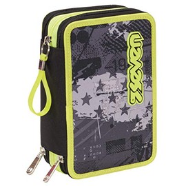 Seven Pencil Case, Multicoloured, Pencil Case for Stationery, Case with Pens, Ballpoint Pens, & More, 3 Compartments, Girls & Boys, School - Primary School, XXL Fly Stars Black/Bright Yellow,