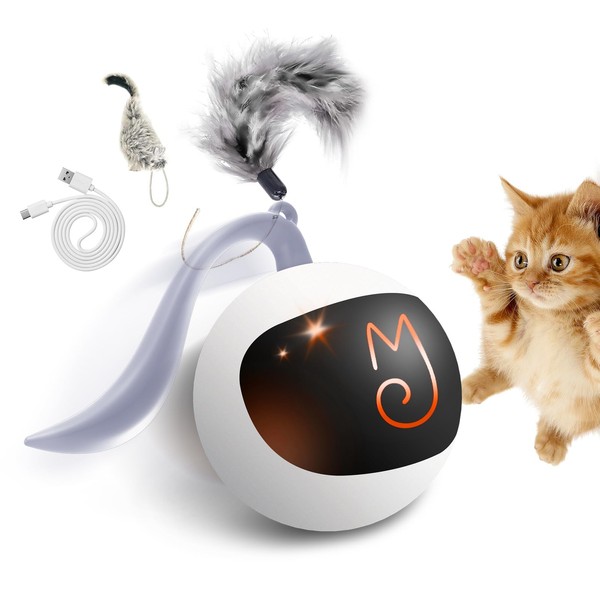 Migipaws Interactive Cat Ball Toy Set, Fun Tracker, Automatic Rolling Chase Ball with Fluffy Tail, A Small Mice, Rechargeable（White）