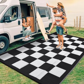 GarveeHome Waterproof Outdoor Rug 9 x 12 Large Modern Checkboard Plastic Straw Rug, Foldable Reversible Camping Mat, UV-Resistant Geometric Plaid Woven Carpet for Picnic, Deck, Black White