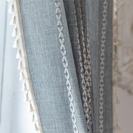 WAZZIO Slate Linen Curtains 84 inch Length 2 Panels,Rod Pocket Farmhouse Style White Embroidery Striped Cotton Room Darkening Bohemian Aesthetic Curtain for Bedroom Living Room Curtains Draperies