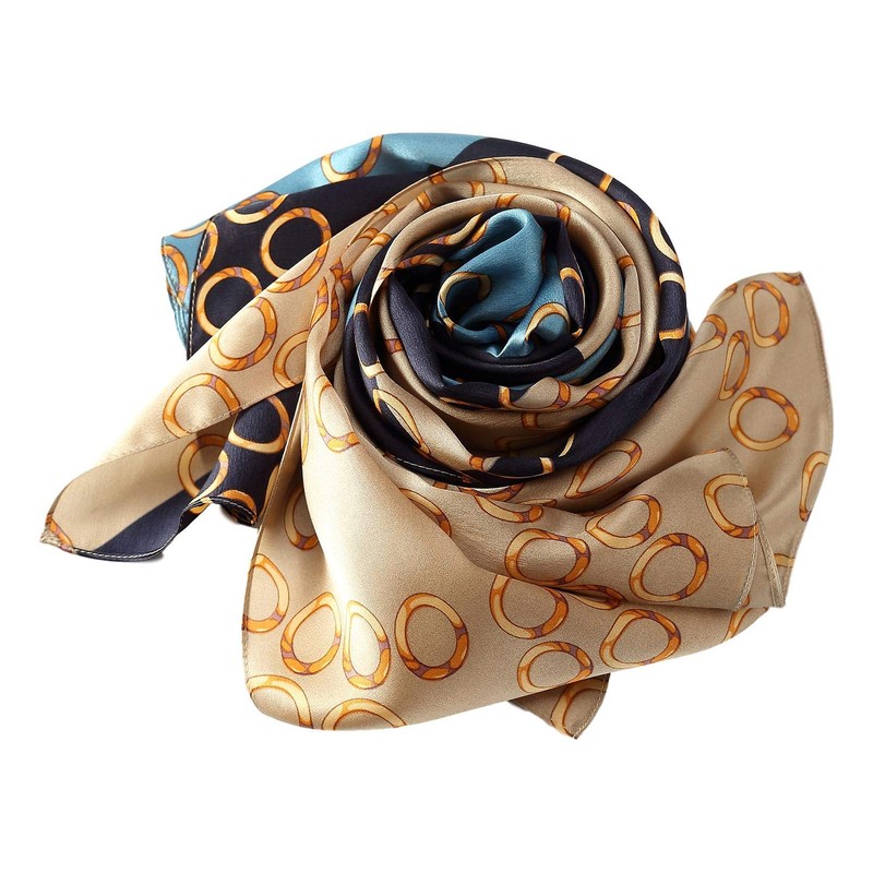 Bufanda larga de seda, estampado floral y gráfico, Blue Taupe