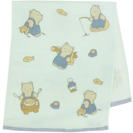 Hayashi FI208001 Face Towel, Approx. 13.4 x 31.5 inches (34 x 80 cm), Imabari Towel, Single-Sided Gauze, Warabe, Bear, and Rabbit, Blue