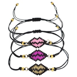BXDA Lip Beaded Friendship Bracelets Stack Set for Women, 3pcs Boho Stackable Pink Gold Kiss Mouth Black Beads Rope Bracelet Summer Beach Fashion Jewelry Gift