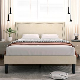 VECELO Full Size Bed Frame with Height Adjustable Upholstered Headboard, Wooden Slats Platform, Noise-Free Design, Easy Assembly