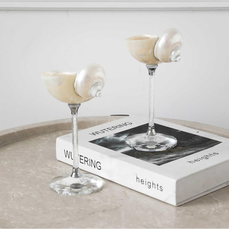 Set of 2 White Conch Shell Wine Glasses, Glass base,