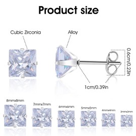 6 Pairs Zircon Stud Earrings Women's Rhinestone Stud Earrings 3-8 mm Stainless Steel Square Hypoallergenic Earrings Flat Back Cartilage Earrings for Men and Women, Alloy Steel, Zircon