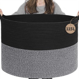 INDRESSME INDRESSME 115L Extra Large Cotton Rope Blanket Basket, Woven Basket for Toy Storage Organizer & Laundry Toy Box for Living Room Area & Nursery Room, Black & Grey