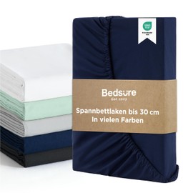 Bedsure Fitted Sheet, 180 x 200 cm, Box Spring Bed Topper, Polyester Microfibre Material, Bed Sheet for Mattress Height up to 30 cm, Soft Fitted Sheet, Bed Linen, Blue