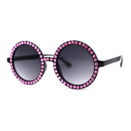 Womens Full Rhinestone Wizard Round Circle Lens Plastic Sunglasses Black Pink Smoke