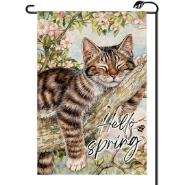 Spring Pink Floral Cat Garden Flag 12x18 Inch Vertical Double Sided Small Flags Farmhouse Outside Decoration For Yard (ONLY FLAG) CJ45