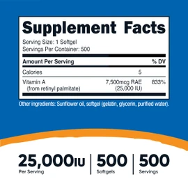 Nutricost Vitamin A 25000 IU, 500 Softgels, Non-GMO, Gluten Free