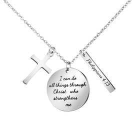 Bible Verse Cross Pendant Christian Necklace Prayer Charm Faith Religious Jewelry for Women (I can do all things through Christ who strengthens me)