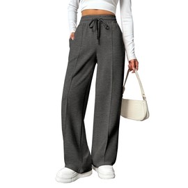 PINSPARK Casual Wide Leg Pants for Women's Stretch Waist Loose Fitting Long Pants Seams with Slanted Hand Pockets Heather Dark Grey L