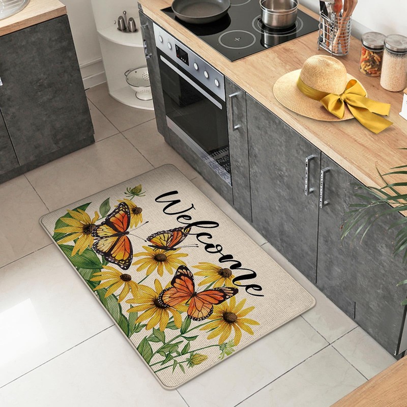 Livcoz Spring Summer Butterfly Floral Welcome Front Door Mat, Yellow