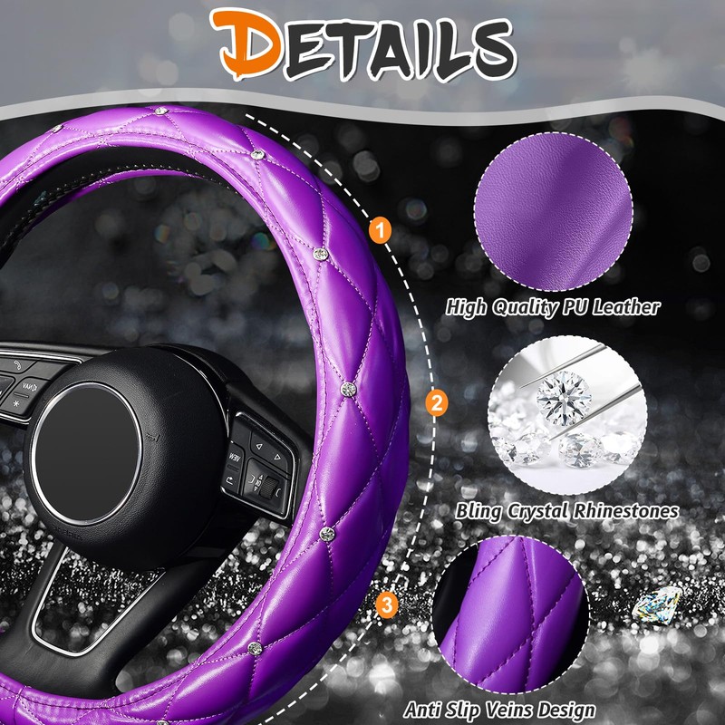 KAFEEK Diamond Soft Leather Steering Wheel Cover with Bling Bling