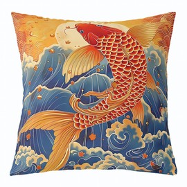 jejeloiu Koi Fish Cushion Case Japanese Wave Throw Pillow Covers for Kids Teens Adult Ukiyoe Theme Decor Pillowcase Yellow Blue Indoor Outdoor 16"x16" Set of 1